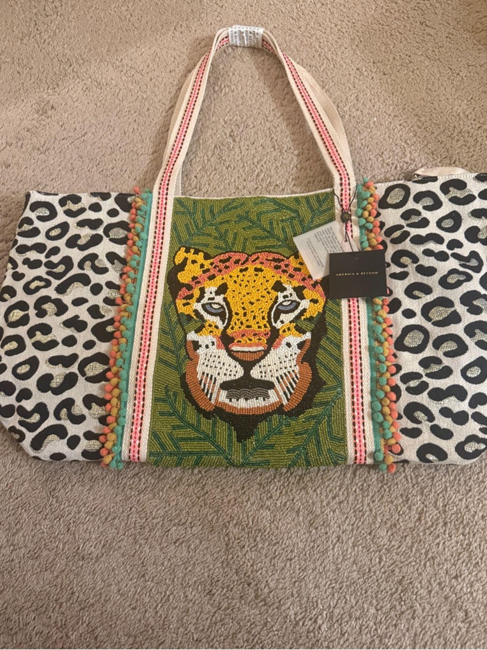 America and Beyond Embroidered/beaded Leopard Tote Bag - Green & Black-fairtrade